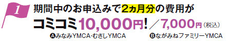 期間中のお申込みで2ヵ月分の費用がコミコミ10,000円！（AみなみYMCA・むさしYMCA） /7,000円（BながみねファミリーYMCA）