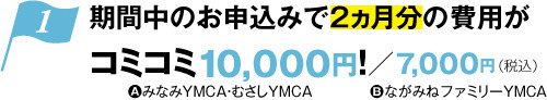 期間中のお申込みで2ヵ月分の費用がコミコミ10,000円！（AみなみYMCA・むさしYMCA） /7,000円（BながみねファミリーYMCA）